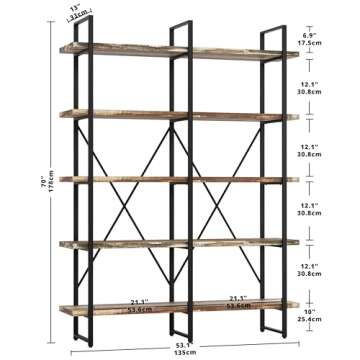 IRONCK Bookshelf, Double Wide 5-Tier Open Bookcase Vintage Industrial Large Shelves, Wood and Metal ...