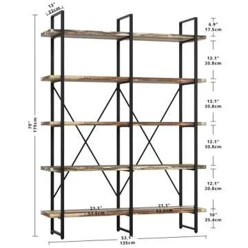 IRONCK Bookshelf, Double Wide 5-Tier Open Bookcase Vintage Industrial Large Shelves, Wood and Metal ...