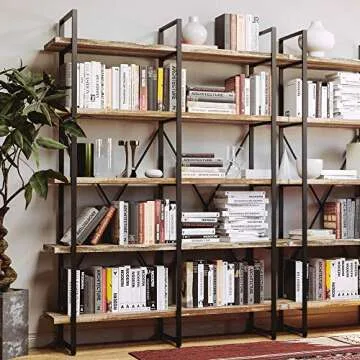 IRONCK Bookshelf, Double Wide 5-Tier Open Bookcase Vintage Industrial Large Shelves, Wood and Metal Etagere Bookshelves, for Home Decor Display, Office Furniture, 13D x 53.1W x 70H in
