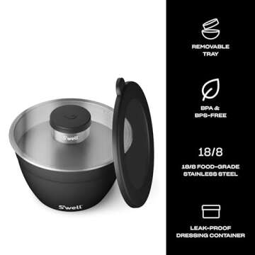 S'well Stainless Steel Salad Bowl Kit - 64oz, Onyx - Comes with 2oz Condiment Container and Removable Tray for Organization - Leak-Proof, Easy to Clean, Dishwasher Safe