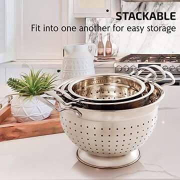 OVENTE Premium Stainless Steel Colander Set of 3 Deep Kitchen Strainer, 1.5, 3 & 5 Quarts Metal Bowl Drainer with Handle for Pasta, Fruit, Noodle, Meal Prep, Silver C46263S