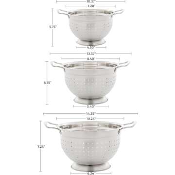 OVENTE Premium Stainless Steel Colander Set of 3 Deep Kitchen Strainer, 1.5, 3 & 5 Quarts Metal Bowl Drainer with Handle for Pasta, Fruit, Noodle, Meal Prep, Silver C46263S