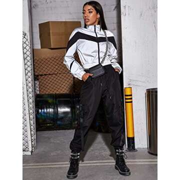 Floerns Women's Long Sleeve Lightweight Crop Bomber Jacket Silver and Black L