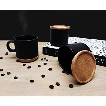 Set of 4 matte ceramic stackable mugs with bamboo lids/coasters - 10 ounces - for coffee, tea, latte and caffe mocha - cup for personal home & office use, gift box (Black and white)