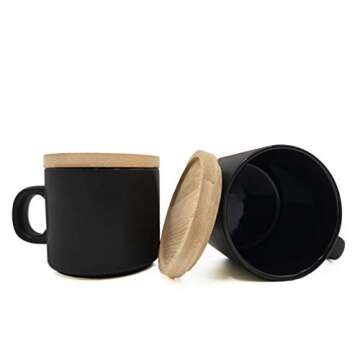 Set of 4 matte ceramic stackable mugs with bamboo lids/coasters - 10 ounces - for coffee, tea, latte and caffe mocha - cup for personal home & office use, gift box (Black and white)