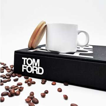 Set of 4 matte ceramic stackable mugs with bamboo lids/coasters - 10 ounces - for coffee, tea, latte and caffe mocha - cup for personal home & office use, gift box (Black and white)