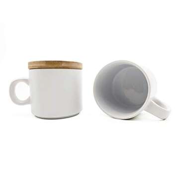 Set of 4 matte ceramic stackable mugs with bamboo lids/coasters - 10 ounces - for coffee, tea, latte and caffe mocha - cup for personal home & office use, gift box (Black and white)