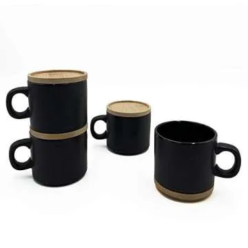 Set of 4 matte ceramic stackable mugs with bamboo lids/coasters - 10 ounces - for coffee, tea, latte and caffe mocha - cup for personal home & office use, gift box (Black and white)