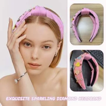 DUOJINSANXI Valentine's Day Headband for Women, Top Knotted Headband for Women, Rhinestone Headband, Metal Love Heart Headband, Valentines Hair Accessories for Girls Valentines Party Costume (Pink)