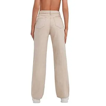 SweatyRocks Women's Casual Boyfriend Jeans High Rise Denim Pants with Pocket Khaki L