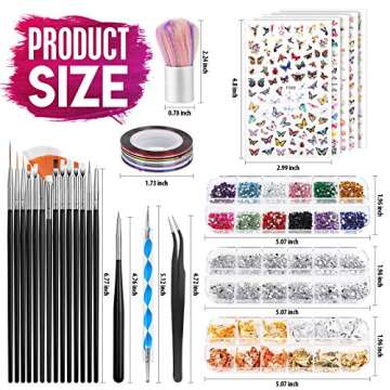 Teenitor Nail Art Brushes, Nail Dotting Tools, Nail Art Design Kit with Butterfly Nail Brush, Nail Art Stickers, Nail Foil, Nail Art Striping Tape, Nail Art Rhinestones