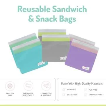 melii Reusable Sandwich & Snack Bags for Kids & Adults, 6 Pack, Food Storage, Organization & Meal Prep Containers, Leakproof, BPA free