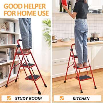 KINGRACK 3-Step Ladder with Anti-Slip and Wide Pedal