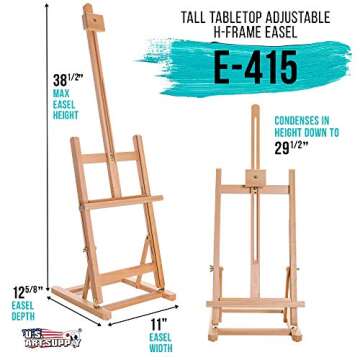 U.S. Art Supply 38" High Tabletop Wooden H-Frame Studio Easel - Artists Adjustable Beechwood Paintin...
