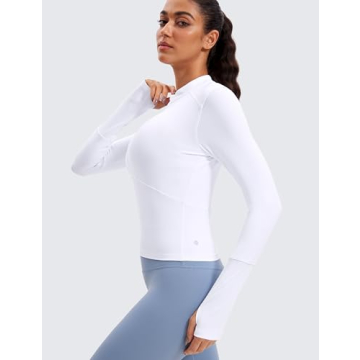 CRZ YOGA Women's Long Sleeve Crop Top Quick Dry Cropped Workout Shirts Half Quarter Zip Pullover Running Athletic Fall Shirt White Medium