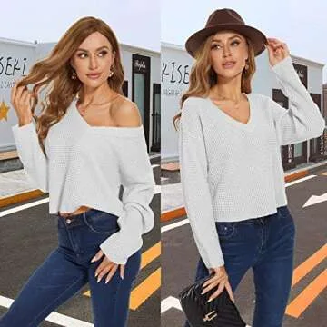 Womens V Neck Long Sleeve Tops Crop Waffle Knit Crepped Casual Loose Pullover Crop Sweater S White