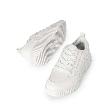 DREAM PAIRS Women Platform Chunky Lightweight Comfortable Casual Denim Fabric Lace-Up Kay Walking Fashion Sneakers,Size 6.5,White,SDFN2427W