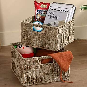 HOONEX Wicker Storage Baskets for Organizing, Decorative Woven Seagrass Baskets for Storage with Car...