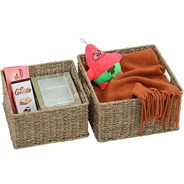 HOONEX Wicker Storage Baskets for Organizing, Decorative Woven Seagrass Baskets for Storage with Carrying Handles, Set of 2, Natural
