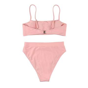 MOSHENGQI Sexy Push up Bikini Sets High Waist Swimsuits for Women Spaghetti Straps (Medium, Pink)