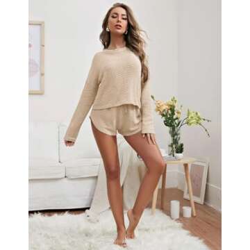 Ekouaer Womens Waffle Knit Pajama Sets Long Sleeve Top and Shorts Matching Lounge Set Sleepwear Loun...