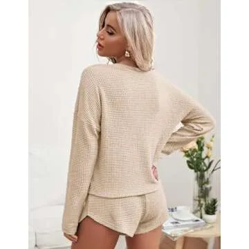 Ekouaer Womens Waffle Knit Pajama Sets Long Sleeve Top and Shorts Matching Lounge Set Sleepwear Loungewear Sweatsuit with Pockets Nude Small