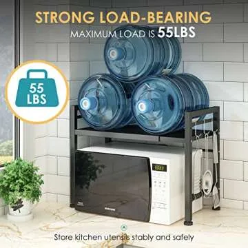 DOLALIKE Microwave Oven Rack, Expandable Microwave Stand Countertop Kitchen Utensils Tableware Storage, Carbon Steel Over Microwave Shelf Countertop with 3 Hooks