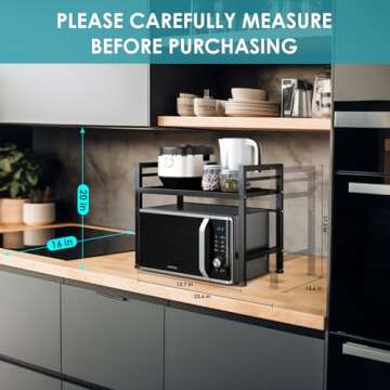 DOLALIKE Microwave Oven Rack, Expandable Microwave Stand Countertop Kitchen Utensils Tableware Storage, Carbon Steel Over Microwave Shelf Countertop with 3 Hooks