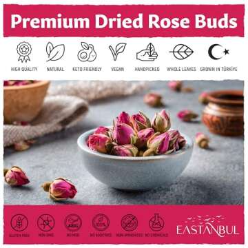 Eastanbul Dried Rose Buds, 1.4oz Edible Rose Buds For Desserts, Caffeine-Free Tea, Edible for Baking, Jam, Crafting, Dry, Natural, Vegan, Non GMO, Gluten Free