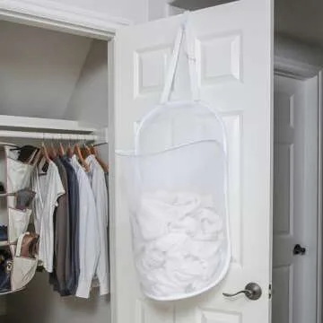 Smart Design Deluxe Mesh Over The Door Pop Up Hamper w/ Hook & Adjustable Strap - VentilAir Mesh Material - for Laundry & Clothes - Home - (Holds 3 Loads) (17 x 28 Inch) [White]
