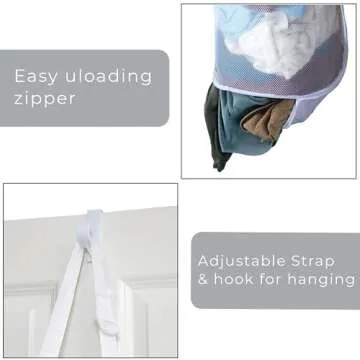 Smart Design Deluxe Mesh Over The Door Pop Up Hamper w/ Hook & Adjustable Strap - VentilAir Mesh Material - for Laundry & Clothes - Home - (Holds 3 Loads) (17 x 28 Inch) [White]
