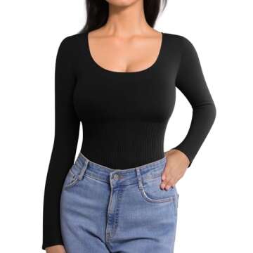 MANGOPOP Scoop Neck Long Sleeve Bodysuit for Women Ribbed Tummy Control Stretchy Body Suits Going Ou...
