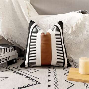 Vfuty Farmhouse Decorative Throw Pillow Cover for Sofa Couch Accent Faux Leather Square Cushion Cover Tribal Stripe Boho Pillow Case 18 x 18 Inch,Black