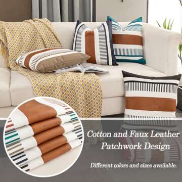 Vfuty Farmhouse Decorative Throw Pillow Cover for Sofa Couch Accent Faux Leather Square Cushion Cover Tribal Stripe Boho Pillow Case 18 x 18 Inch,Black