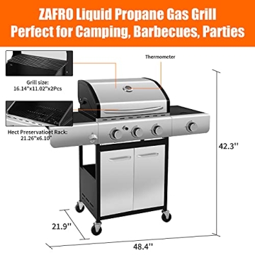 ZAFRO Liquid Propane Gas Grill with 3-Burner, 34000 BTU Stainless Steel Enamelled Cooking grills, Temperature Display, Bottle Opener, Side Burner, Perfect for Camping, Barbecues, Parties