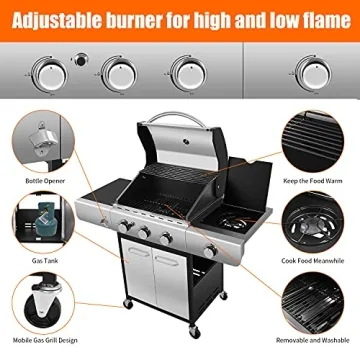 ZAFRO Liquid Propane Gas Grill with 3-Burner, 34000 BTU Stainless Steel Enamelled Cooking grills, Temperature Display, Bottle Opener, Side Burner, Perfect for Camping, Barbecues, Parties