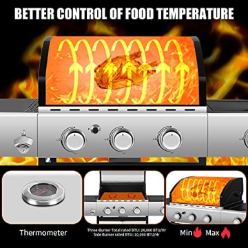 ZAFRO Liquid Propane Gas Grill with 3-Burner, 34000 BTU Stainless Steel Enamelled Cooking grills, Temperature Display, Bottle Opener, Side Burner, Perfect for Camping, Barbecues, Parties