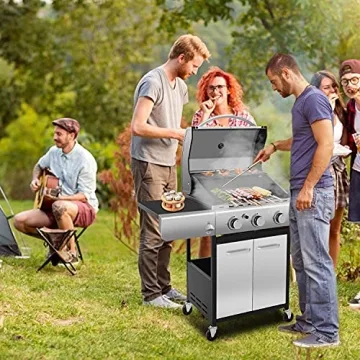 ZAFRO Liquid Propane Gas Grill with 3-Burner, 34000 BTU Stainless Steel Enamelled Cooking grills, Temperature Display, Bottle Opener, Side Burner, Perfect for Camping, Barbecues, Parties