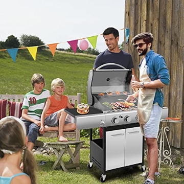 ZAFRO Liquid Propane Gas Grill with 3-Burner, 34000 BTU Stainless Steel Enamelled Cooking grills, Temperature Display, Bottle Opener, Side Burner, Perfect for Camping, Barbecues, Parties