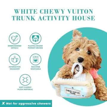 Haute Diggity Dog White Chewy Vuiton Trunk Activity House, Plush Designer Dog Toys with Interactive Squeaker, Stimulating Pet Enrichment, Machine-Washable & Safe Materials for All Breeds, One Size