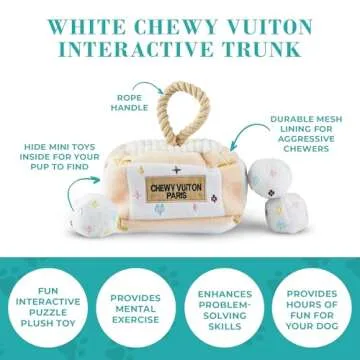 Haute Diggity Dog White Chewy Vuiton Trunk Activity House, Plush Designer Dog Toys with Interactive Squeaker, Stimulating Pet Enrichment, Machine-Washable & Safe Materials for All Breeds, One Size