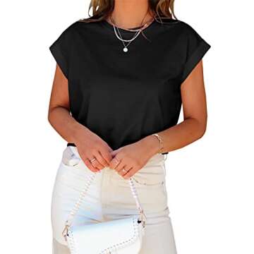 Tankaneo Women’s Short Sleeve Cropped T-Shirts Summer Rolled Dolman Sleeve Crop Tops Casual Round ...