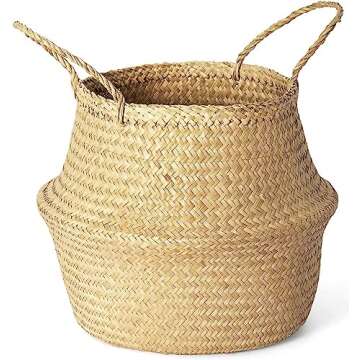 Woven Seagrass Basket With Handles For Plant Pot, Belly Basket, Storage Basket, Wicker Baskets, Basket For Plant Baskets Indoor, Natural Seagrass Basket, Plant Pot Cover, Grocery And Toy Storage