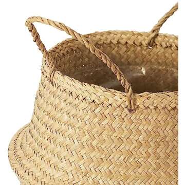 Woven Seagrass Basket With Handles For Plant Pot, Belly Basket, Storage Basket, Wicker Baskets, Basket For Plant Baskets Indoor, Natural Seagrass Basket, Plant Pot Cover, Grocery And Toy Storage