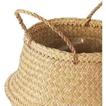 Woven Seagrass Basket With Handles For Plant Pot, Belly Basket, Storage Basket, Wicker Baskets, Basket For Plant Baskets Indoor, Natural Seagrass Basket, Plant Pot Cover, Grocery And Toy Storage