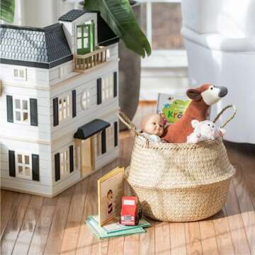 Woven Seagrass Basket With Handles For Plant Pot, Belly Basket, Storage Basket, Wicker Baskets, Basket For Plant Baskets Indoor, Natural Seagrass Basket, Plant Pot Cover, Grocery And Toy Storage