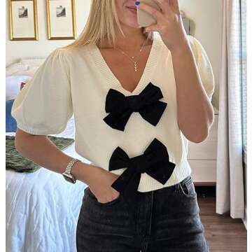 Womens Short Puff Sleeve Cropped Knit Sweater Tops V Neck Double Bow Tie Solid Color Casual Pullover...