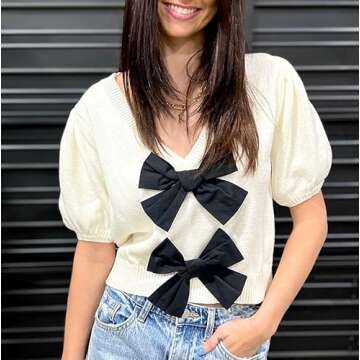 Chic Womens Puff Sleeve Cropped Knit Sweater