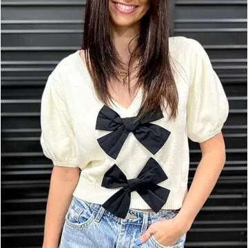 Chic Womens Puff Sleeve Cropped Knit Sweater