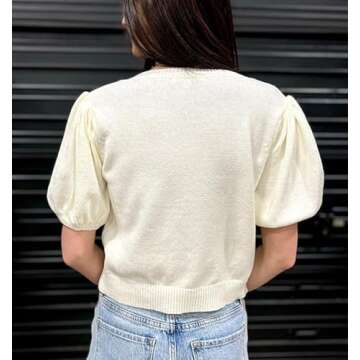 Chic Womens Puff Sleeve Cropped Knit Sweater